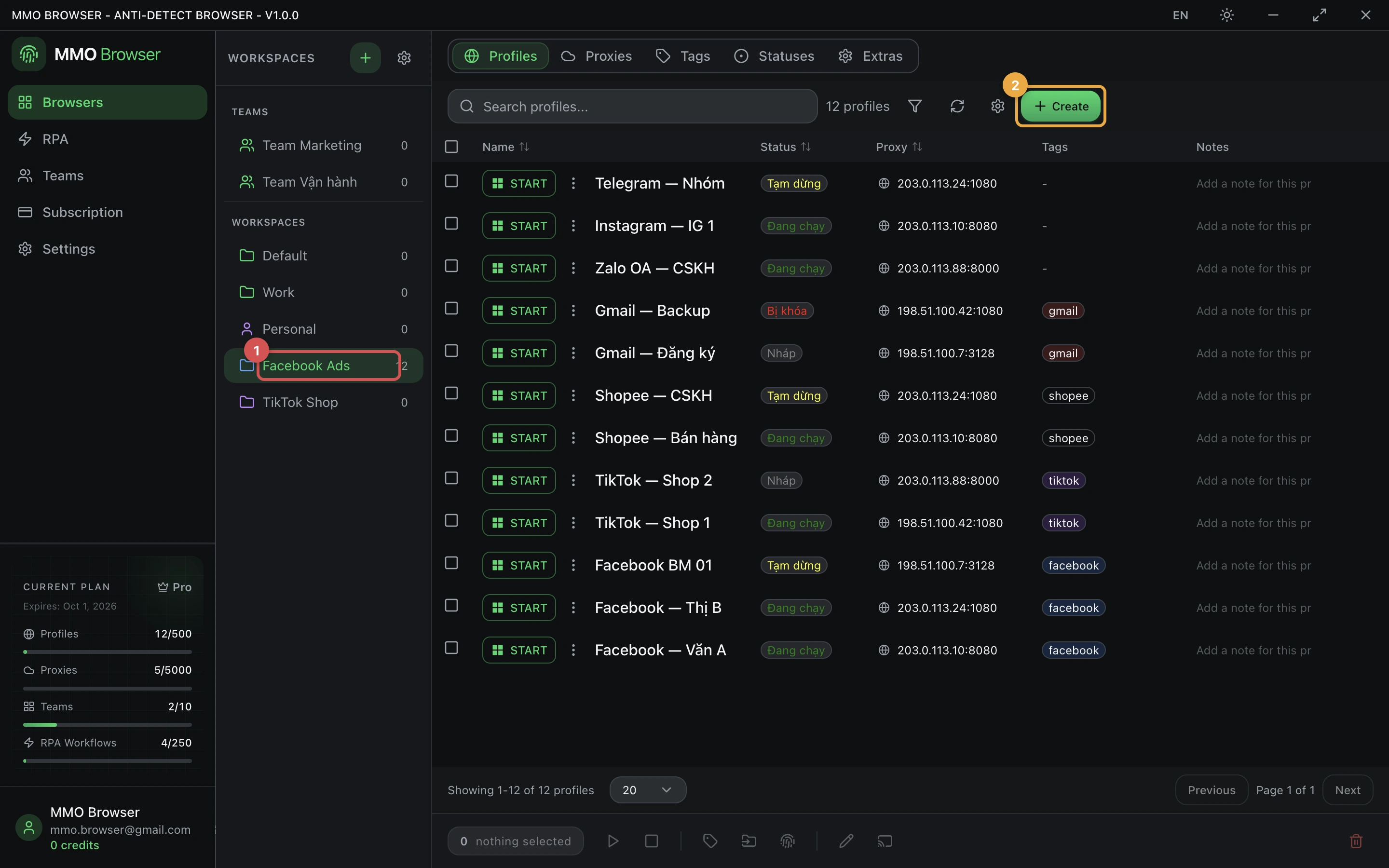 The Browsers screen: workspace list on the left, twelve profiles with their status, proxy and tags.