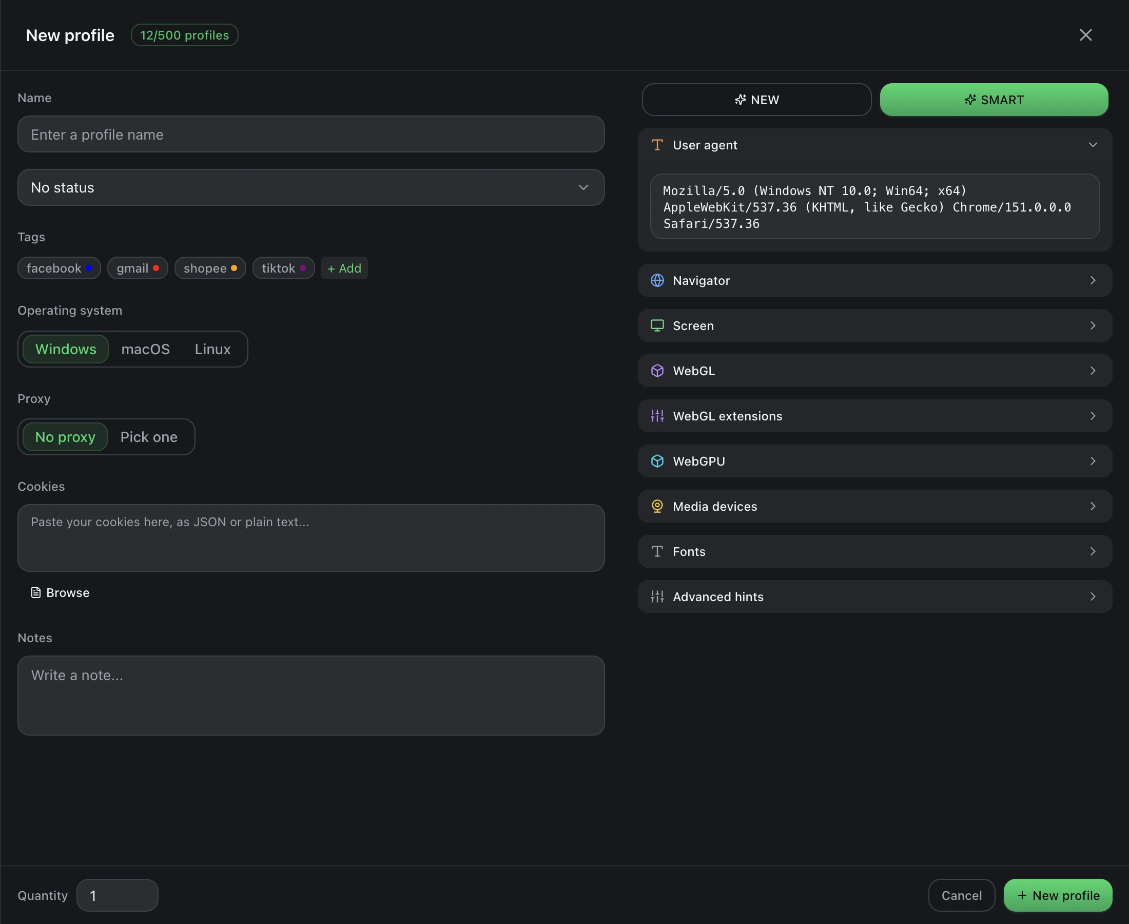 The profile form with the fingerprint panel open, listing user agent, navigator, screen, WebGL, WebGPU, media devices, fonts and advanced sections.