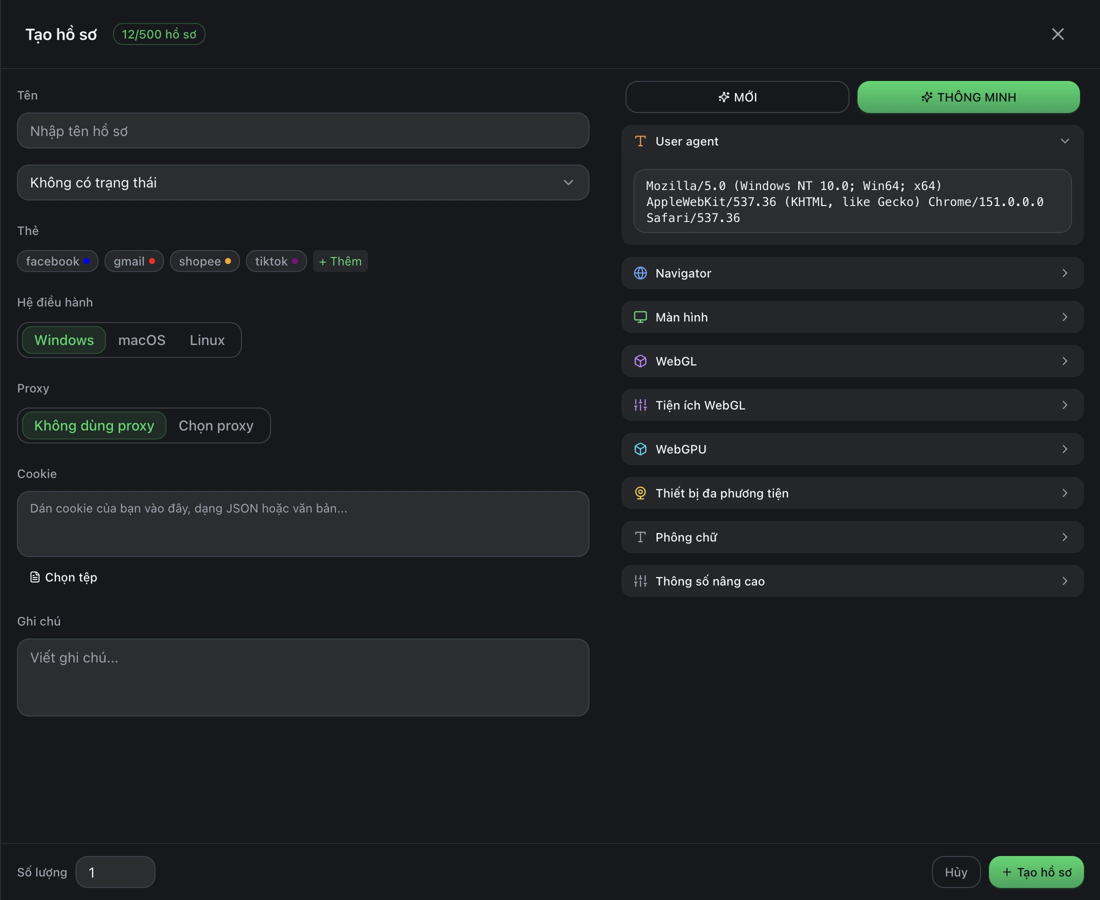Biểu mẫu tạo hồ sơ với bảng vân tay đang mở, gồm user agent, navigator, màn hình, WebGL, WebGPU, thiết bị đa phương tiện, phông chữ và thông số nâng cao.