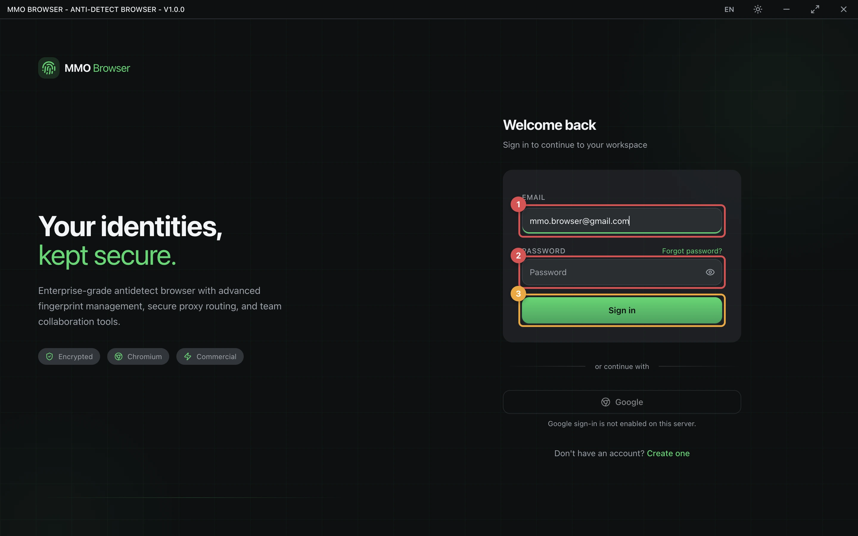 The desktop app sign-in screen: email field, password field and the sign-in button, numbered one to three.