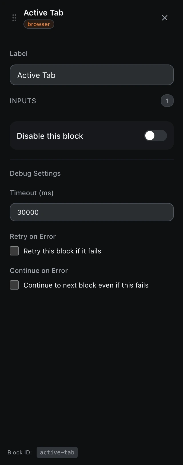 The Active Tab block’s settings panel in the workflow editor.