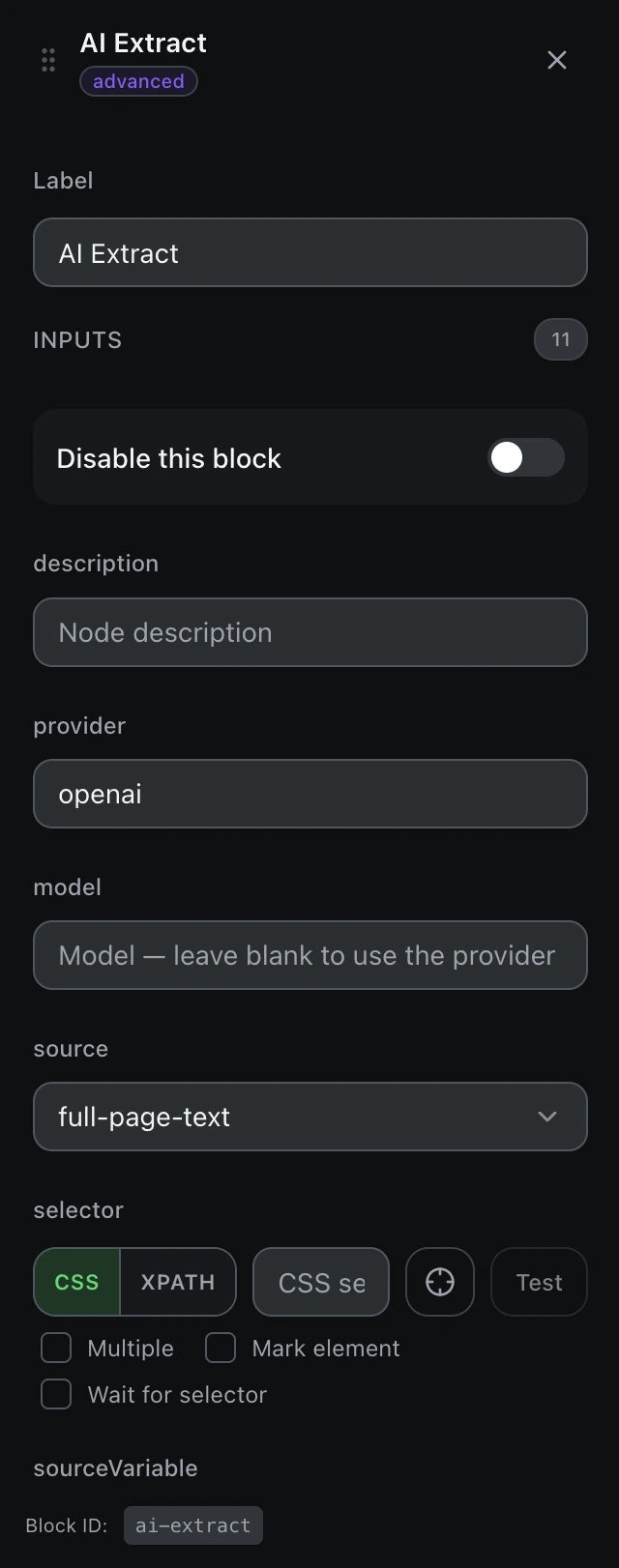The AI Extract block’s settings panel.