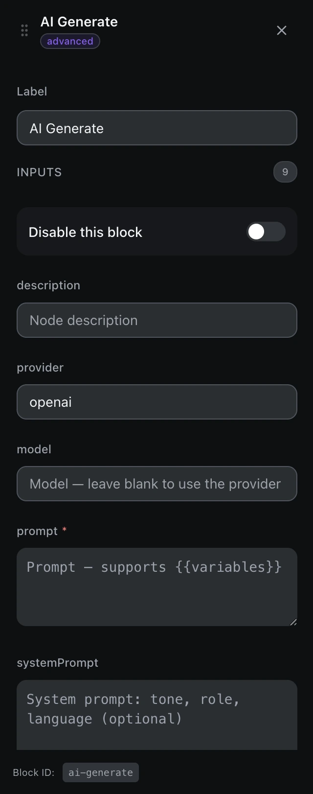 The AI Generate block’s settings panel in the workflow editor.