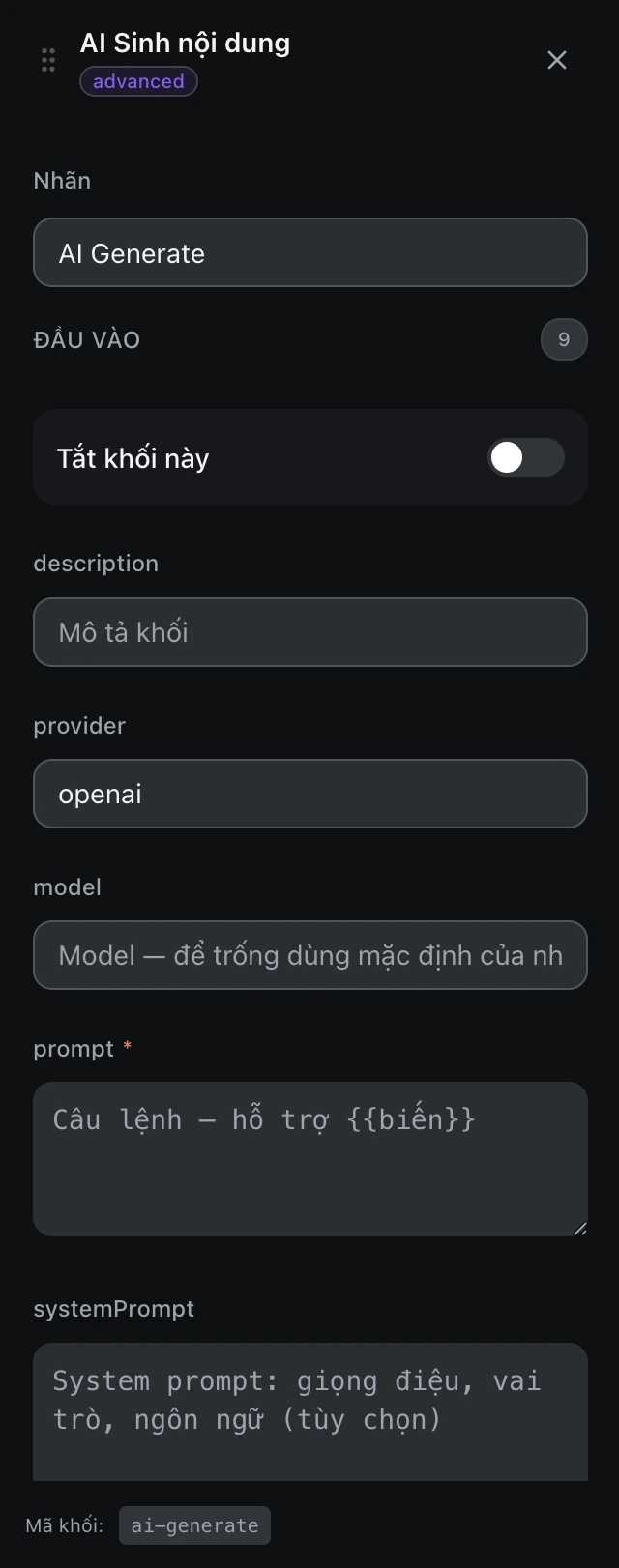 Bảng cấu hình của khối AI Sinh nội dung trong trình soạn workflow.