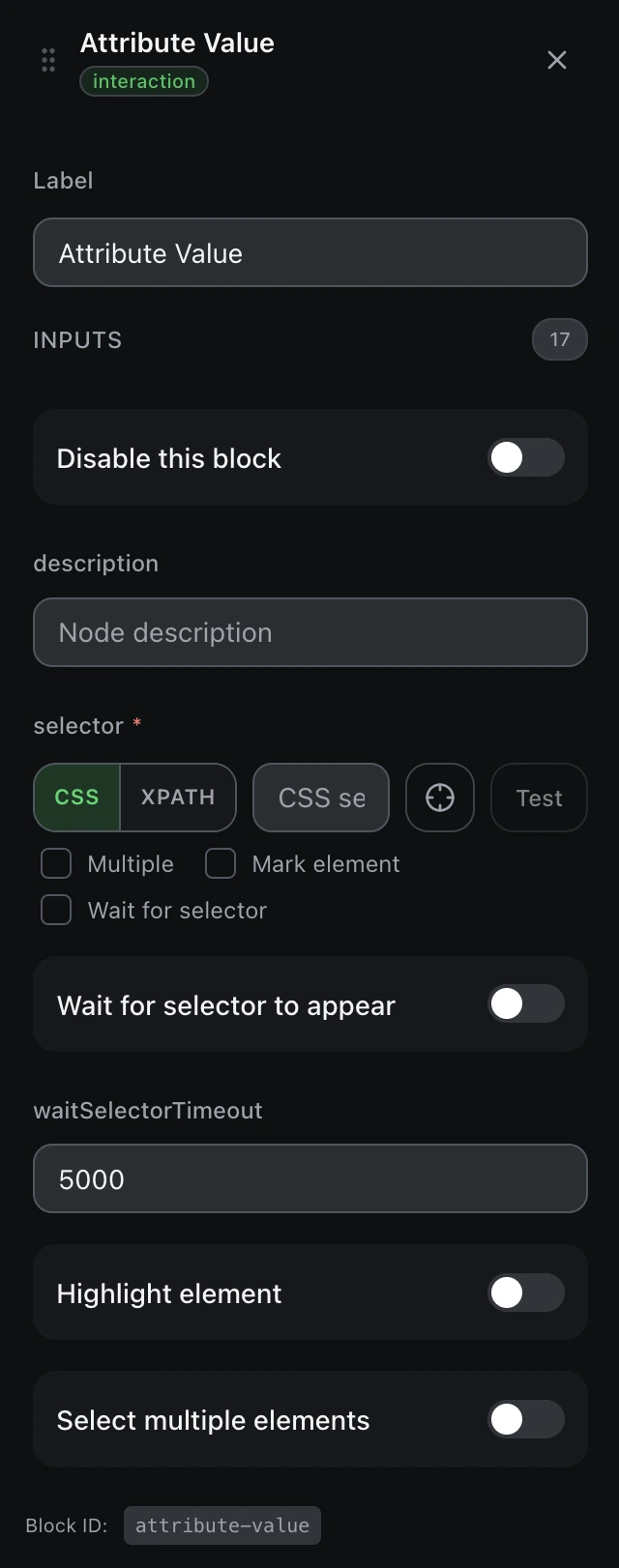 The Attribute Value block’s settings panel in the workflow editor.