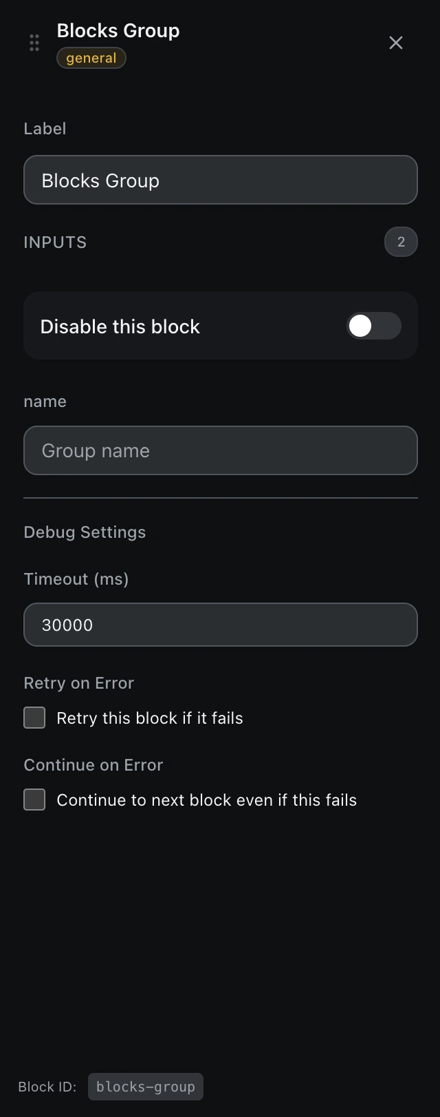 The Blocks Group block’s settings panel in the workflow editor.