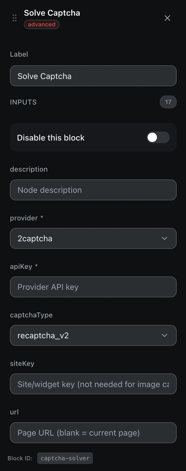 The Solve Captcha block’s settings panel in the workflow editor.