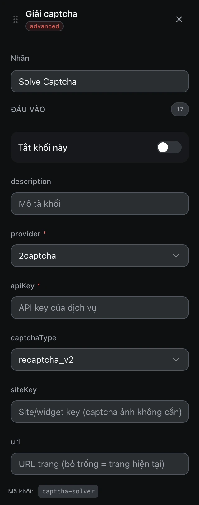 Bảng cấu hình của khối Giải captcha trong trình soạn workflow.
