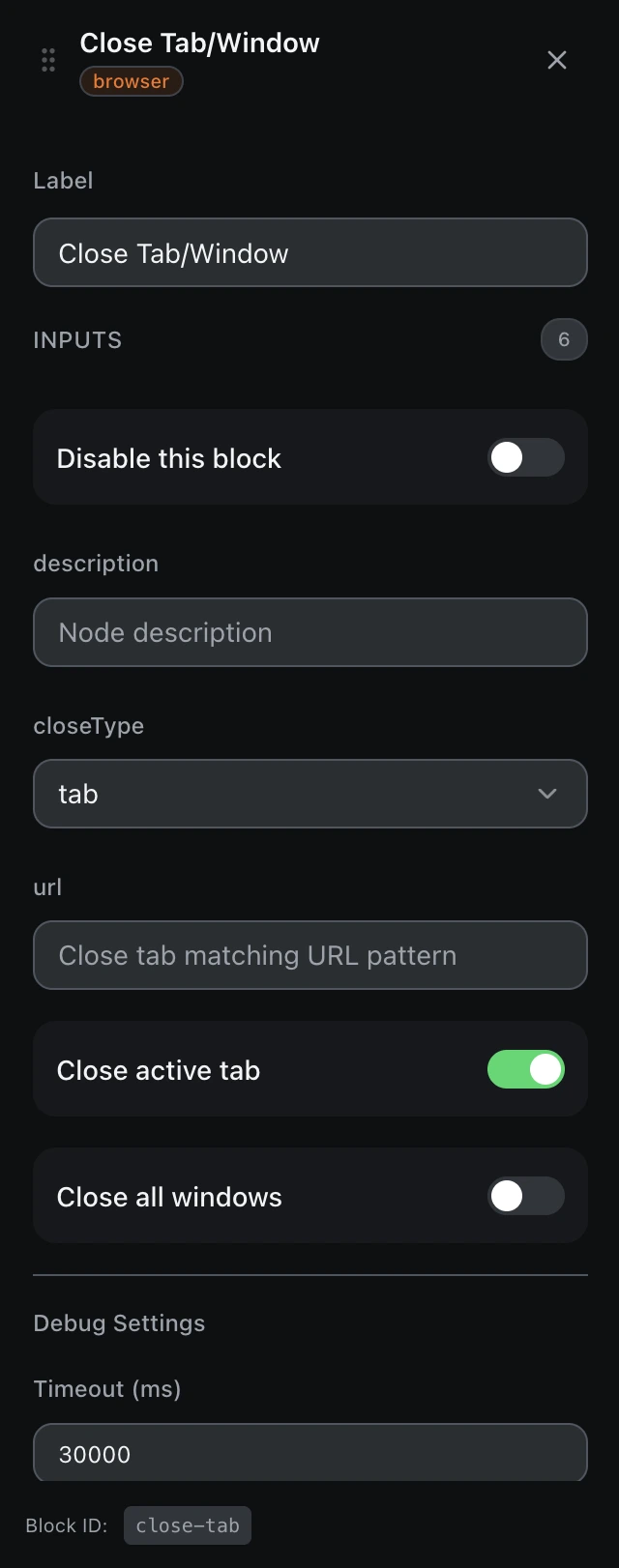 The Close Tab/Window block’s settings panel in the workflow editor.