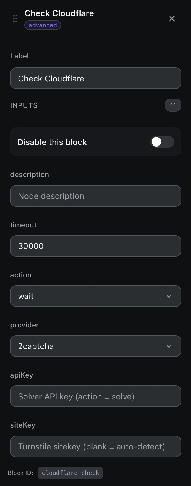 The Check Cloudflare block’s settings panel in the workflow editor.