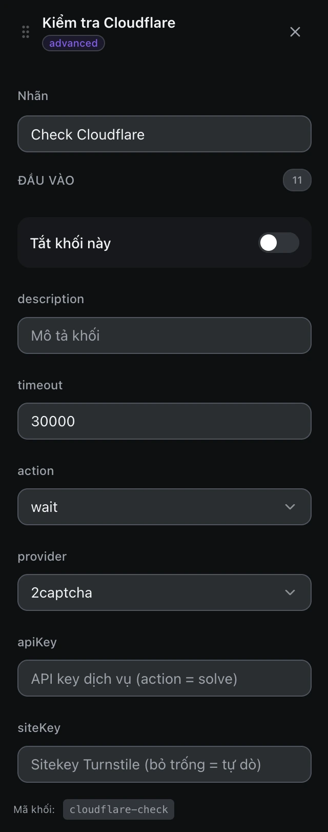 Bảng cấu hình của khối Kiểm tra Cloudflare trong trình soạn workflow.