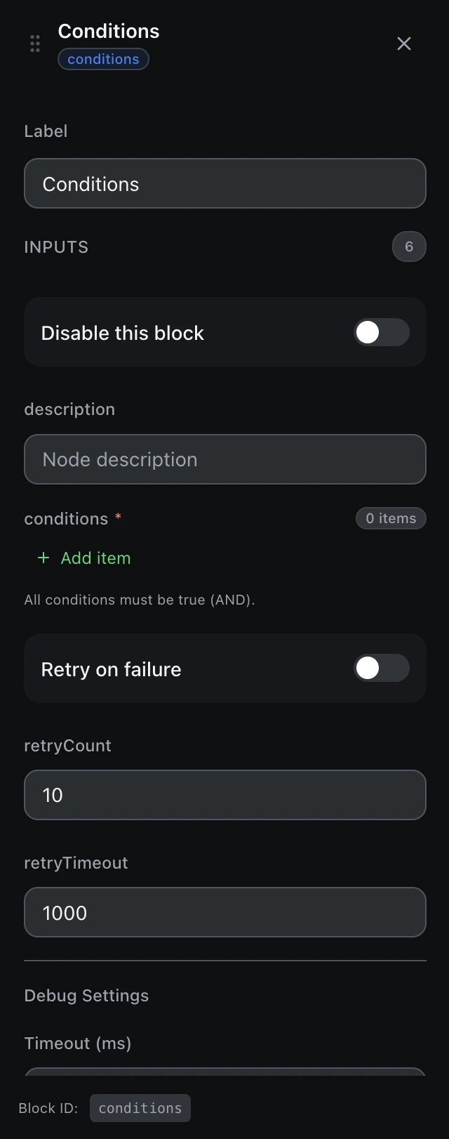 The Conditions block’s settings panel in the workflow editor.