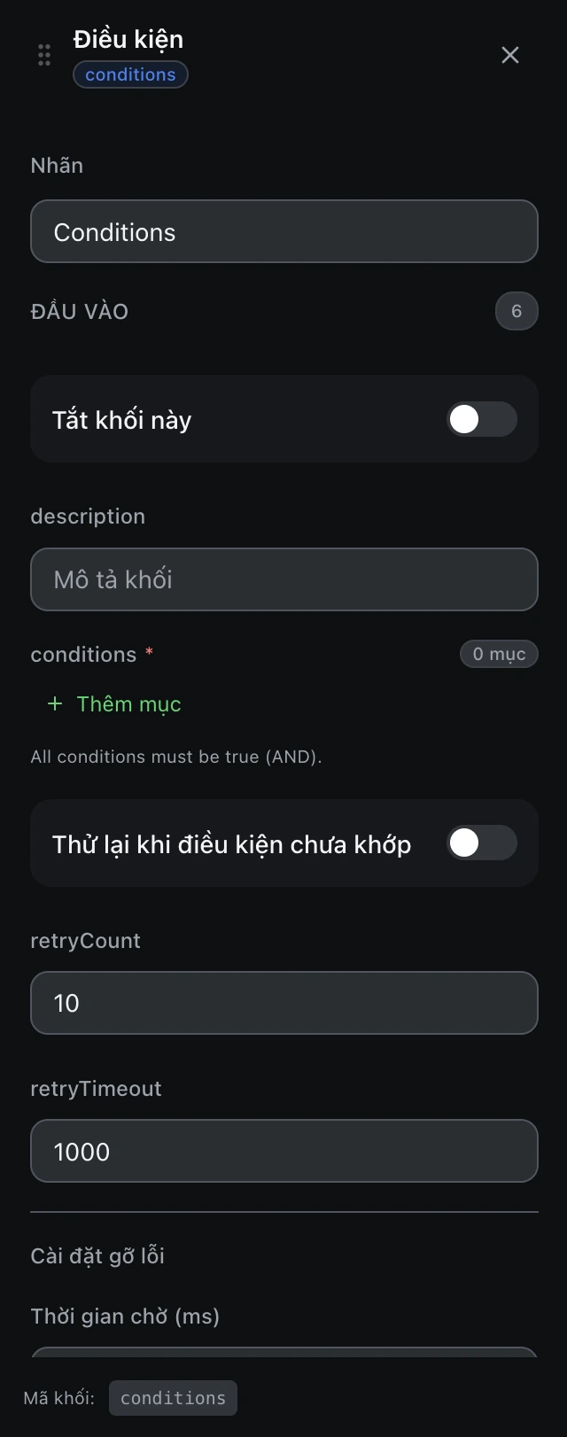 Bảng cấu hình của khối Điều kiện trong trình soạn workflow.