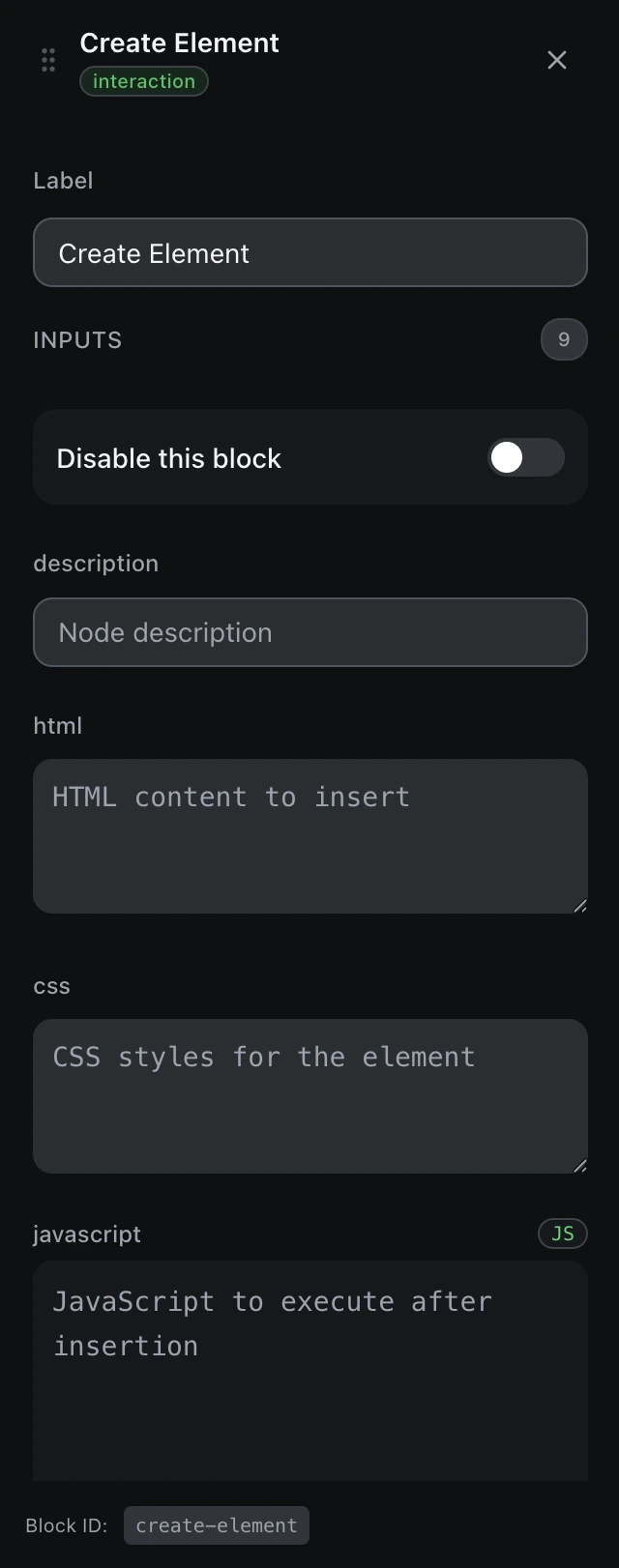 The Create Element block’s settings panel in the workflow editor.