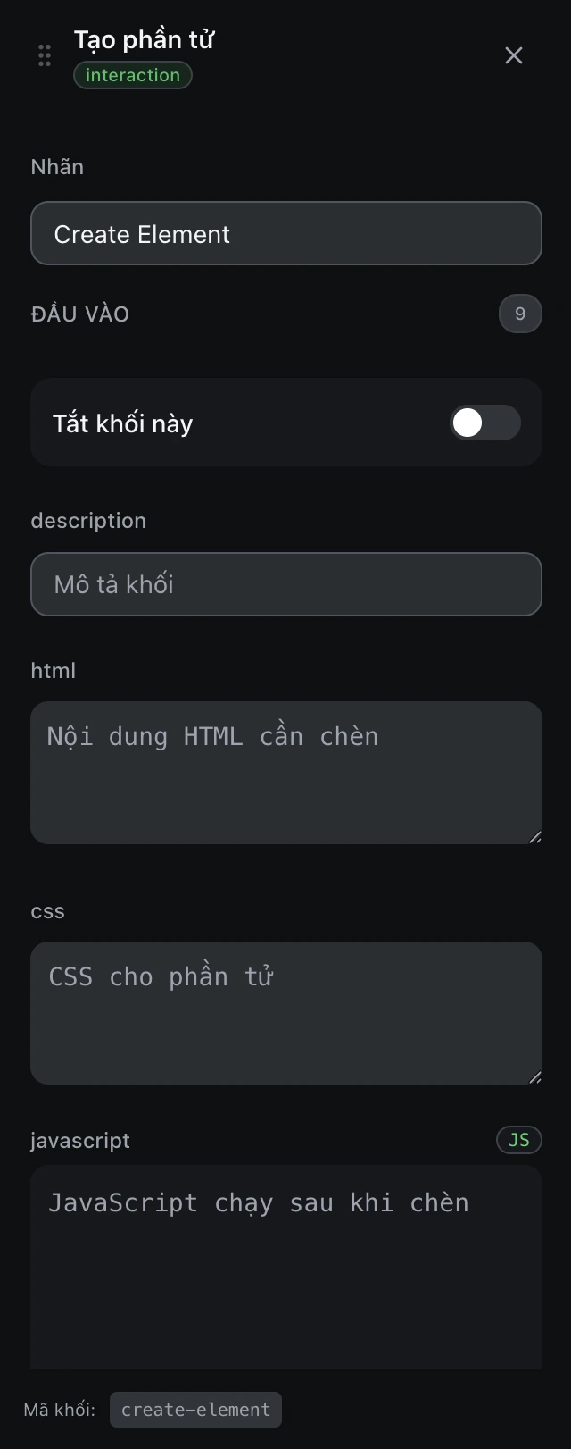 Bảng cấu hình của khối Tạo phần tử trong trình soạn workflow.