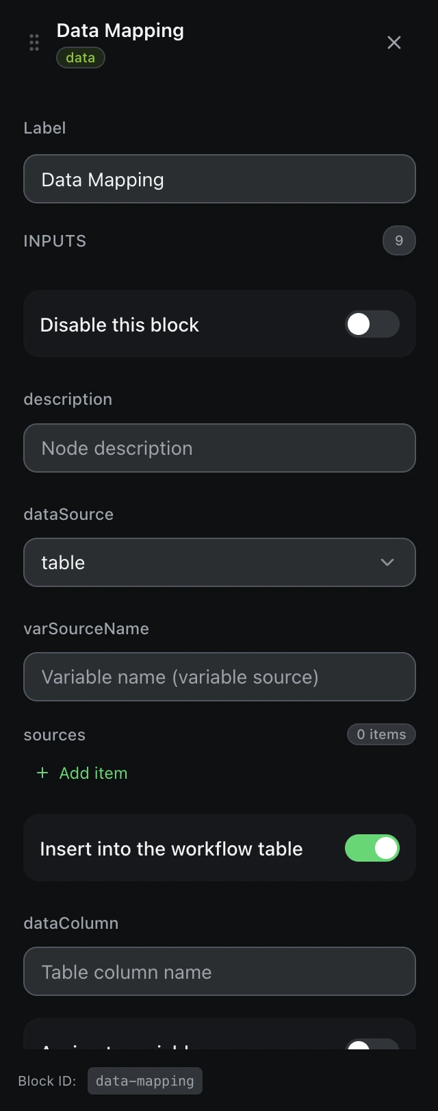 The Data Mapping block’s settings panel in the workflow editor.