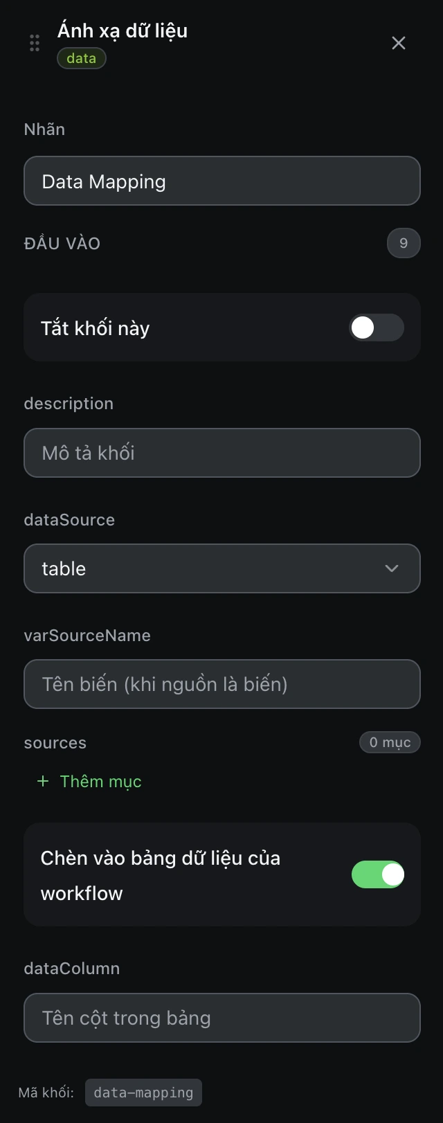 Bảng cấu hình của khối Ánh xạ dữ liệu trong trình soạn workflow.