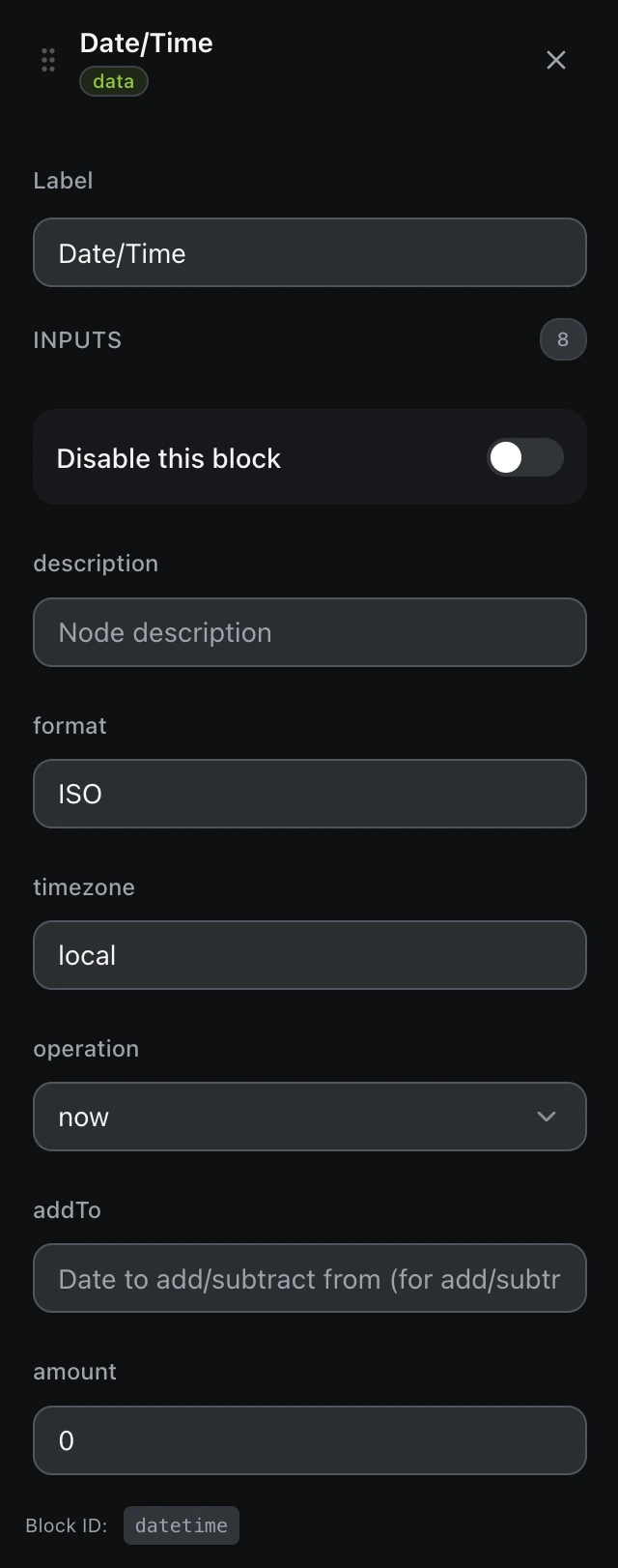The Date/Time block’s settings panel in the workflow editor.