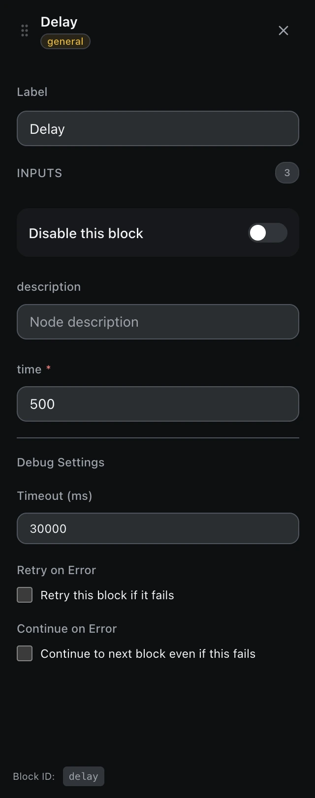 The Delay block’s settings panel in the workflow editor.