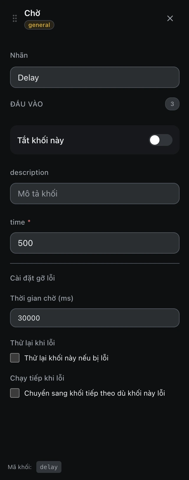 Bảng cấu hình của khối Chờ trong trình soạn workflow.