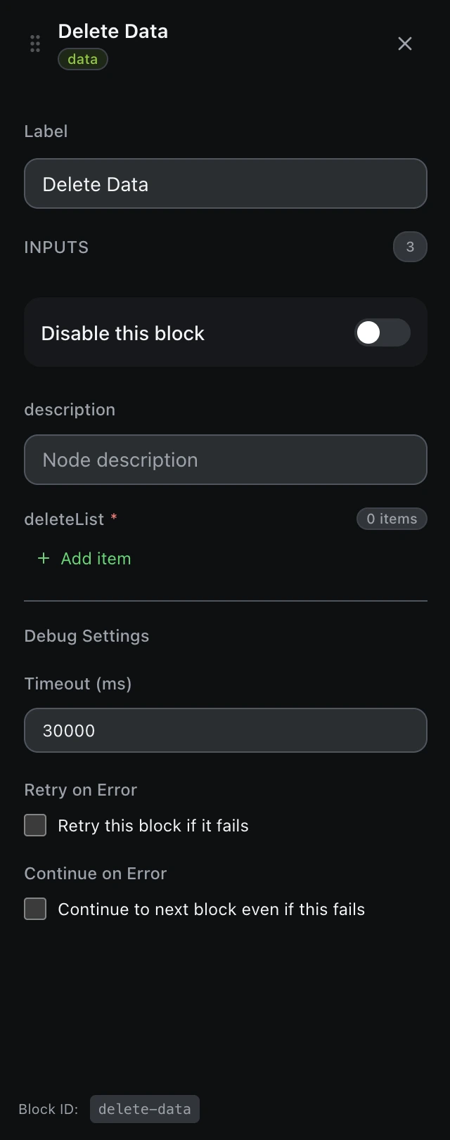 The Delete Data block’s settings panel in the workflow editor.