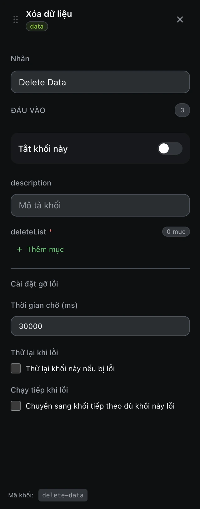 Bảng cấu hình của khối Xóa dữ liệu trong trình soạn workflow.