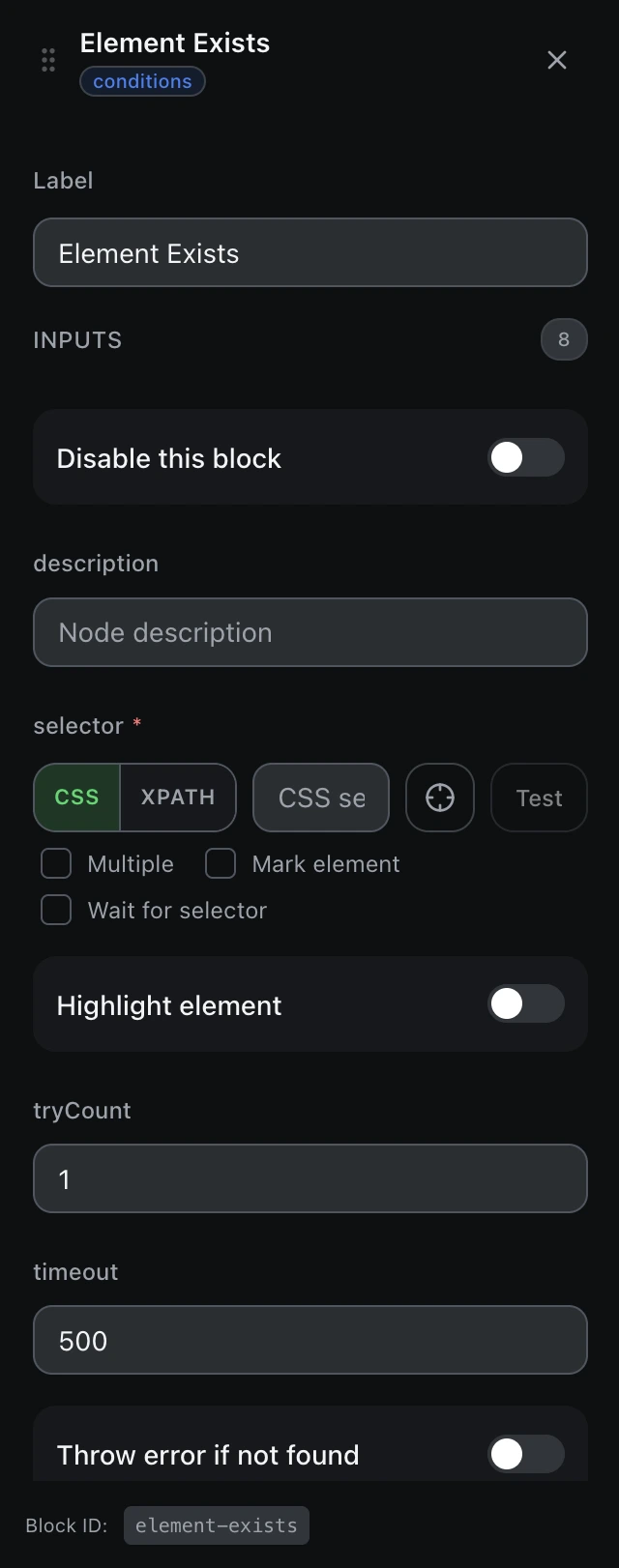 The Element Exists block’s settings panel in the workflow editor.