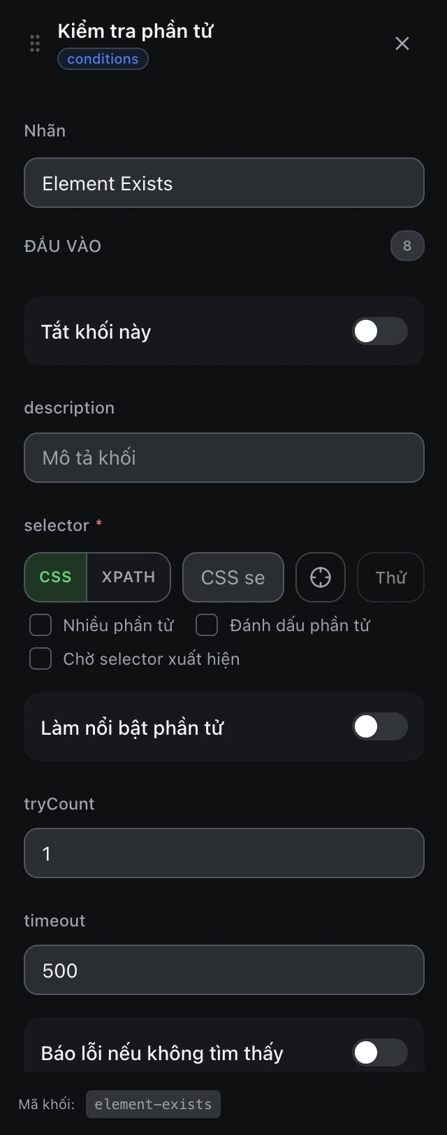 Bảng cấu hình của khối Kiểm tra phần tử trong trình soạn workflow.