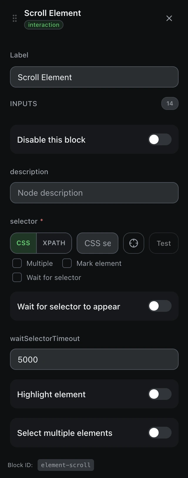 The Scroll Element block’s settings panel in the workflow editor.