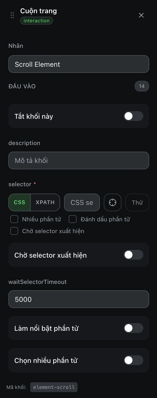 Bảng cấu hình của khối Cuộn trang trong trình soạn workflow.