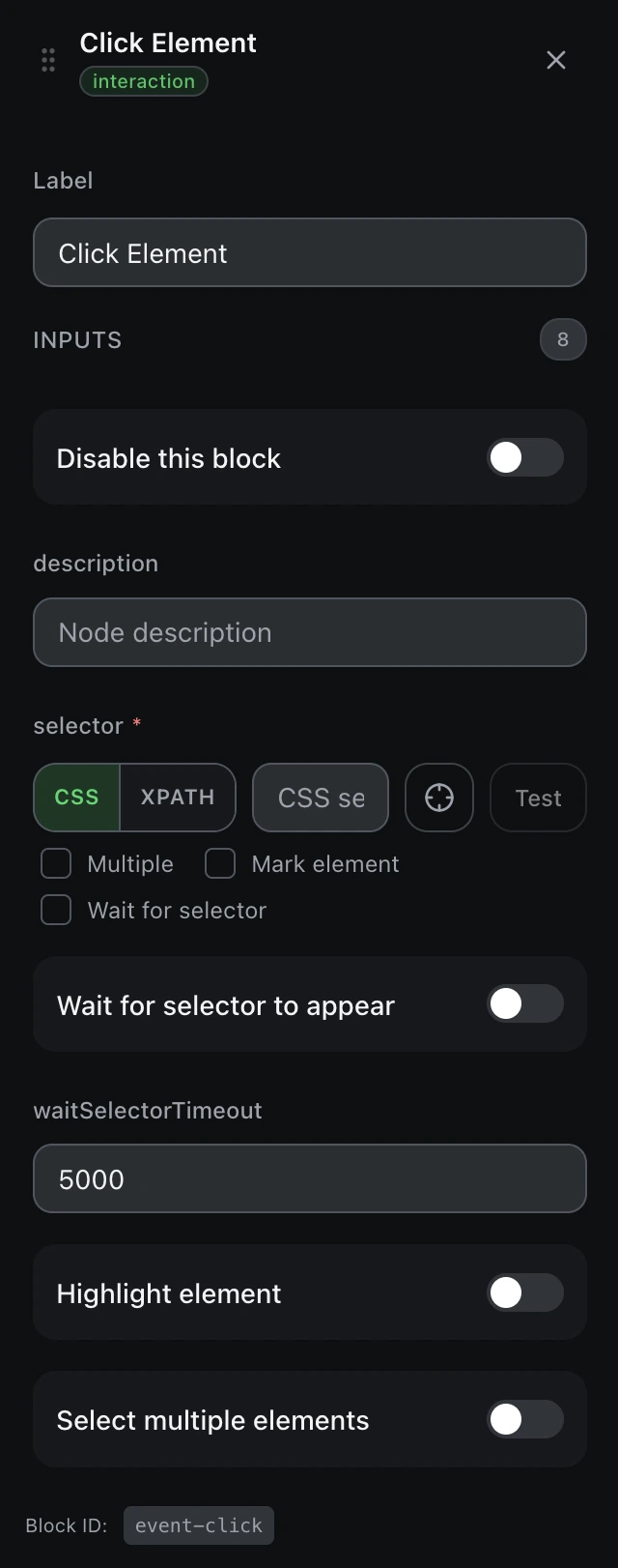 The Click Element block’s settings panel, with its selector field.