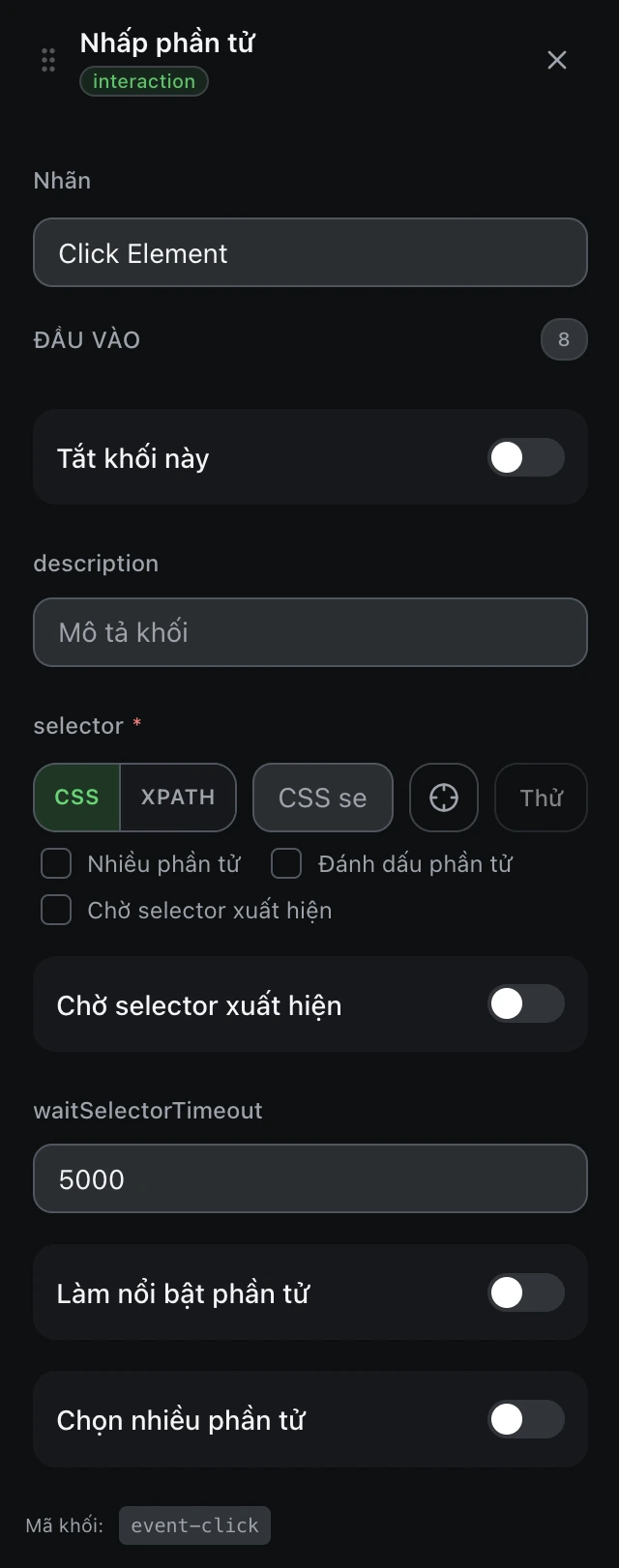 Bảng cấu hình khối Click Element, có ô selector.