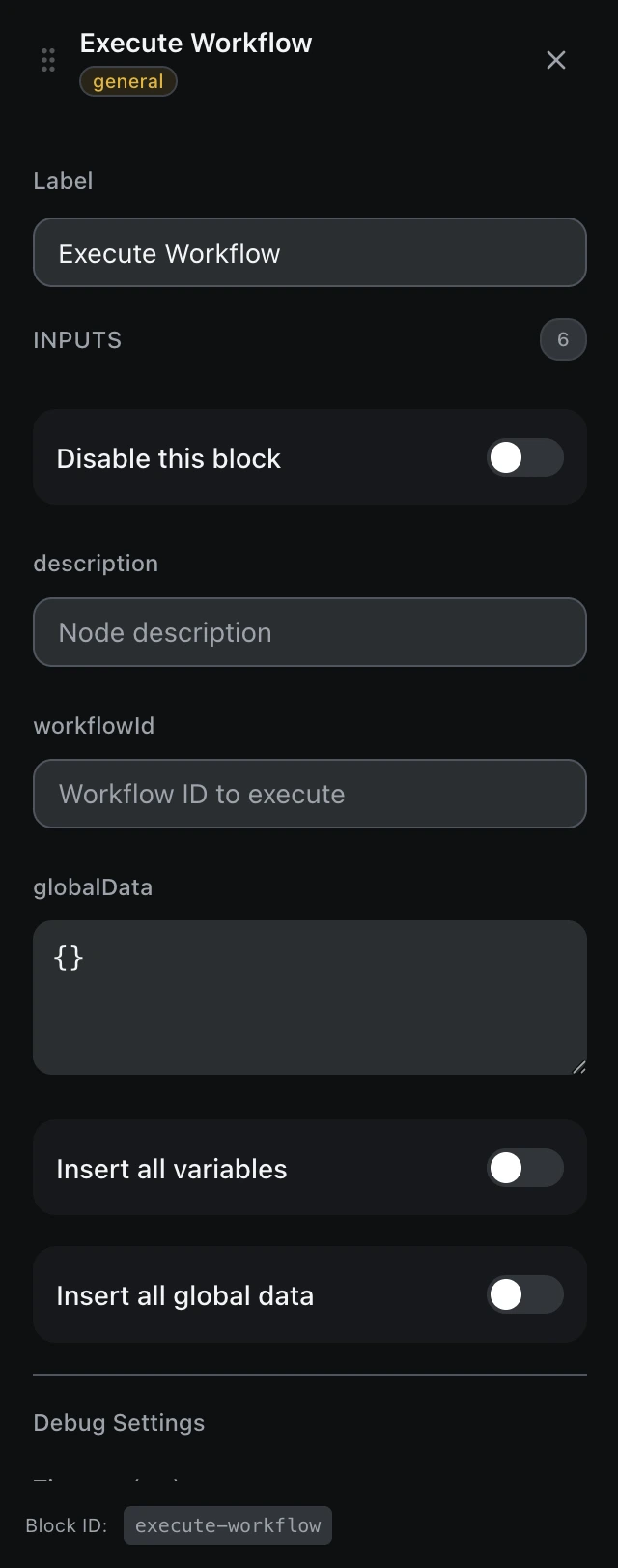 The Execute Workflow block’s settings panel in the workflow editor.