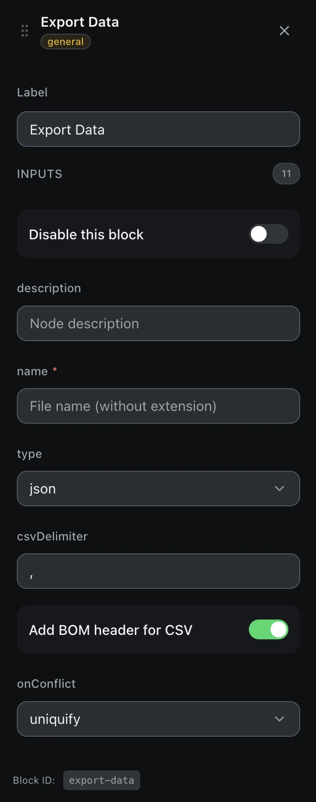 The Export Data block’s settings panel in the workflow editor.