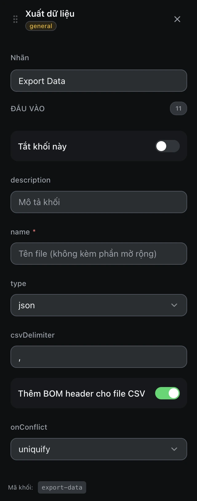 Bảng cấu hình của khối Xuất dữ liệu trong trình soạn workflow.