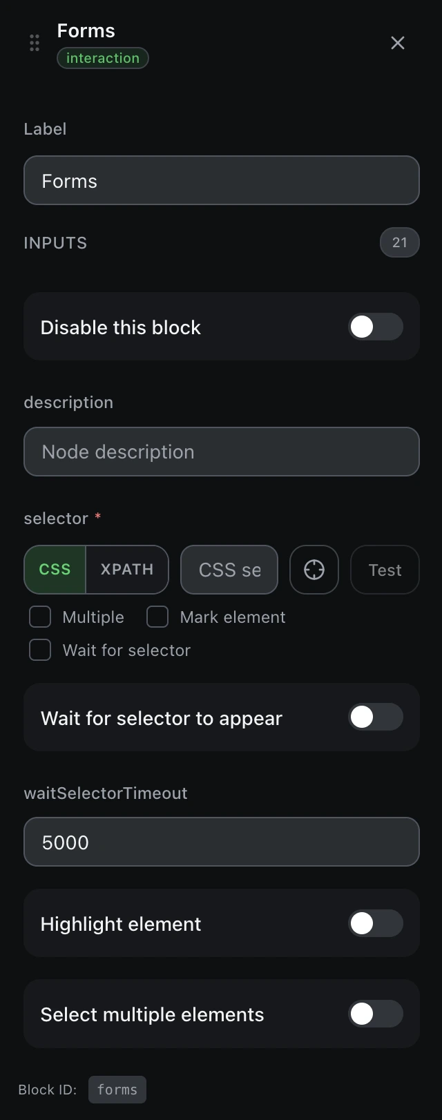 The Forms block’s settings panel in the workflow editor.
