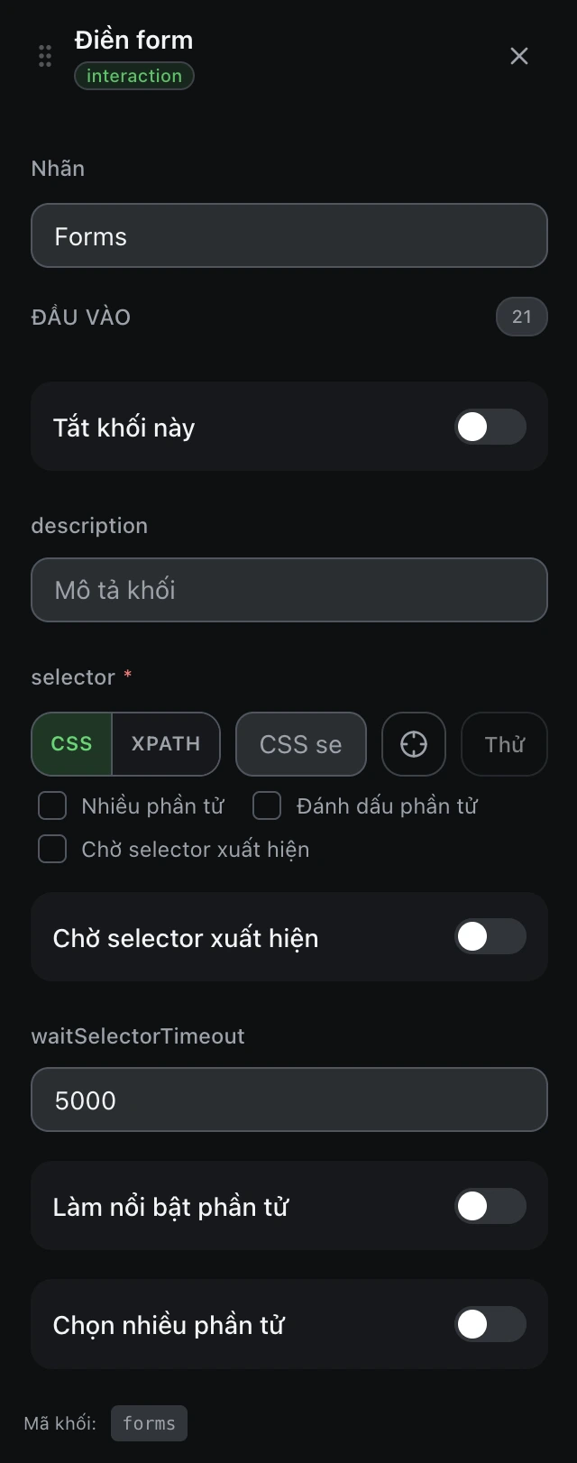 Bảng cấu hình của khối Điền form trong trình soạn workflow.