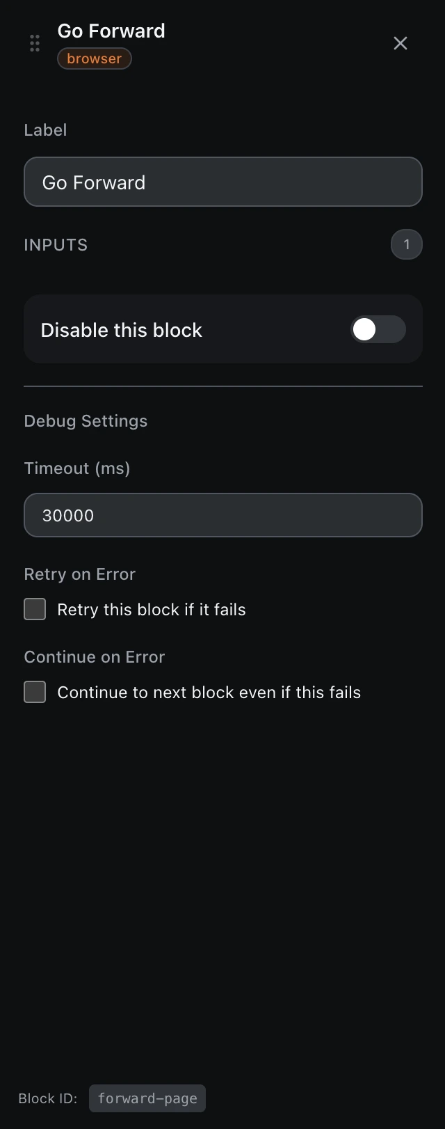 The Go Forward block’s settings panel in the workflow editor.
