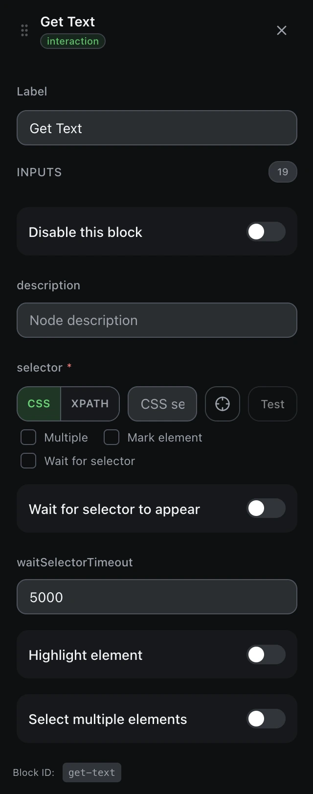 The Get Text block’s settings panel in the workflow editor.