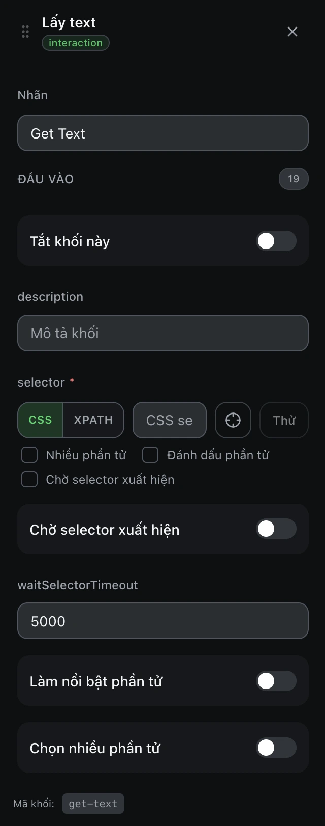 Bảng cấu hình của khối Lấy text trong trình soạn workflow.