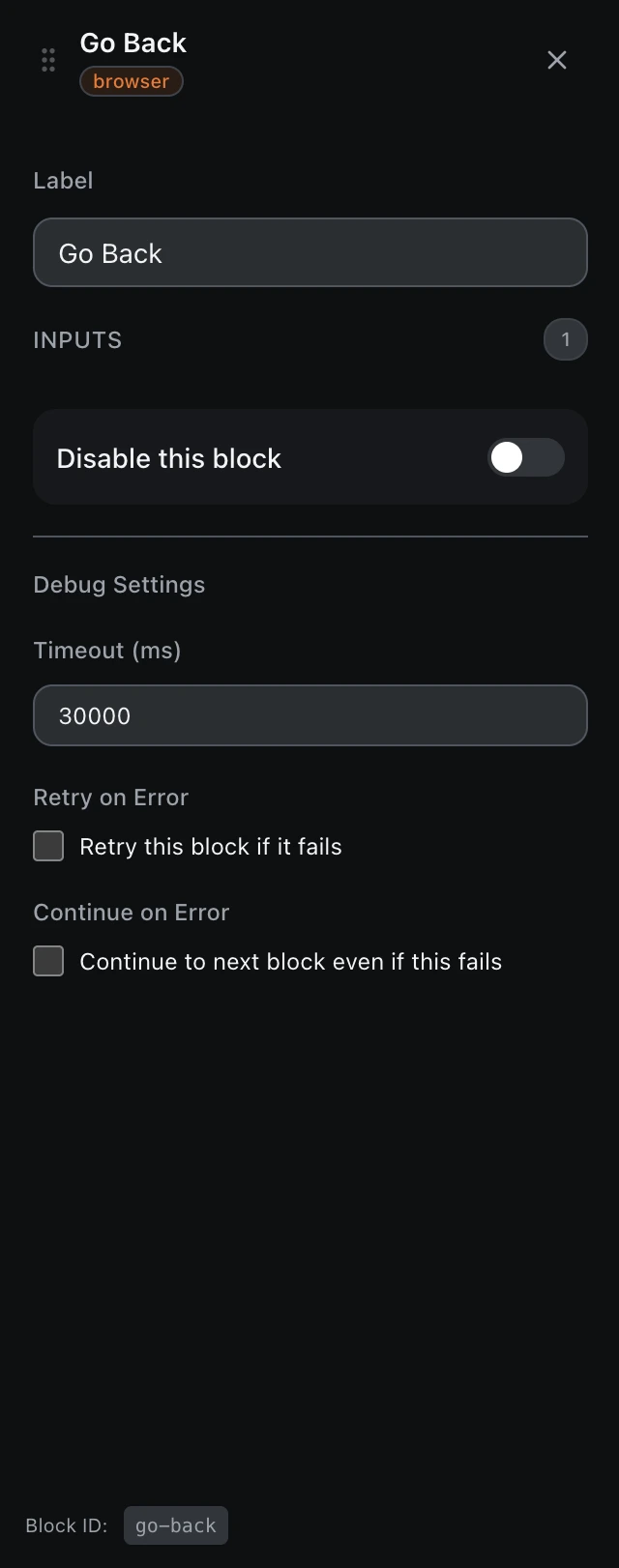 The Go Back block’s settings panel in the workflow editor.