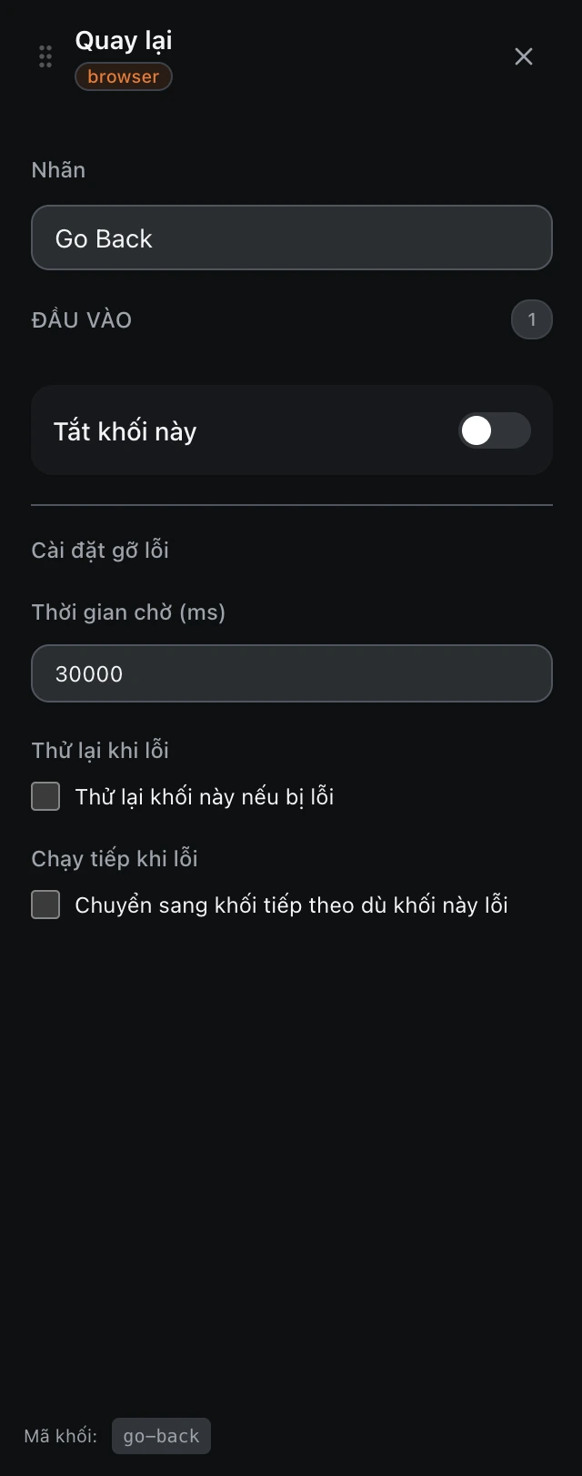 Bảng cấu hình của khối Quay lại trong trình soạn workflow.