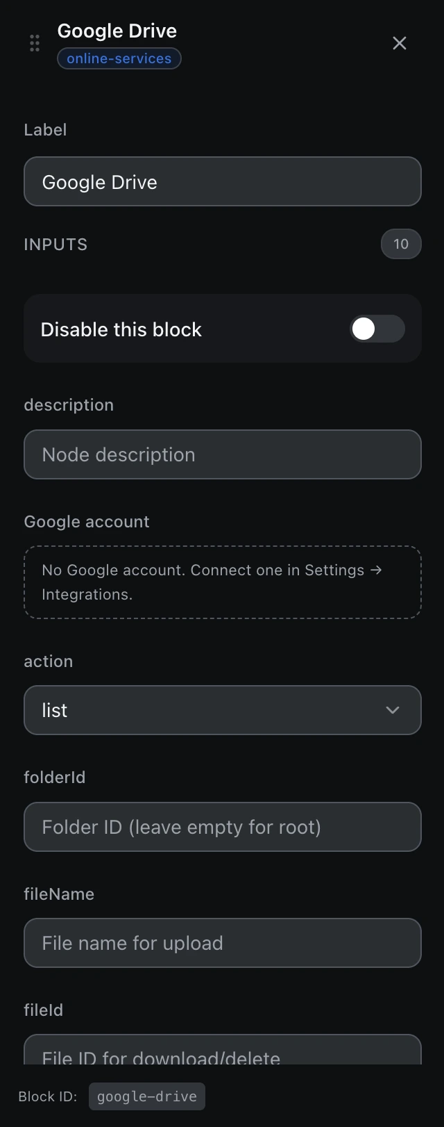 The Google Drive block’s settings panel in the workflow editor.