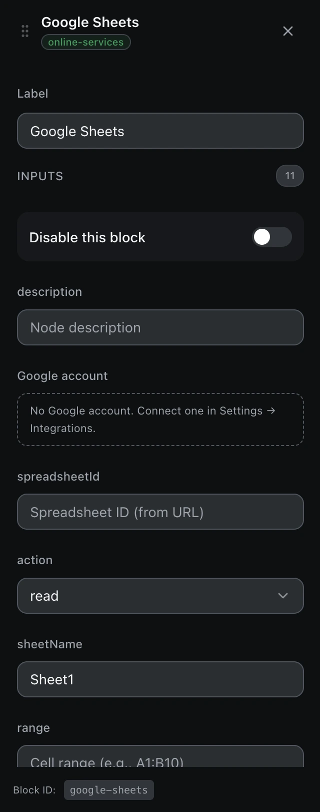 The Google Sheets block’s settings panel in the workflow editor.