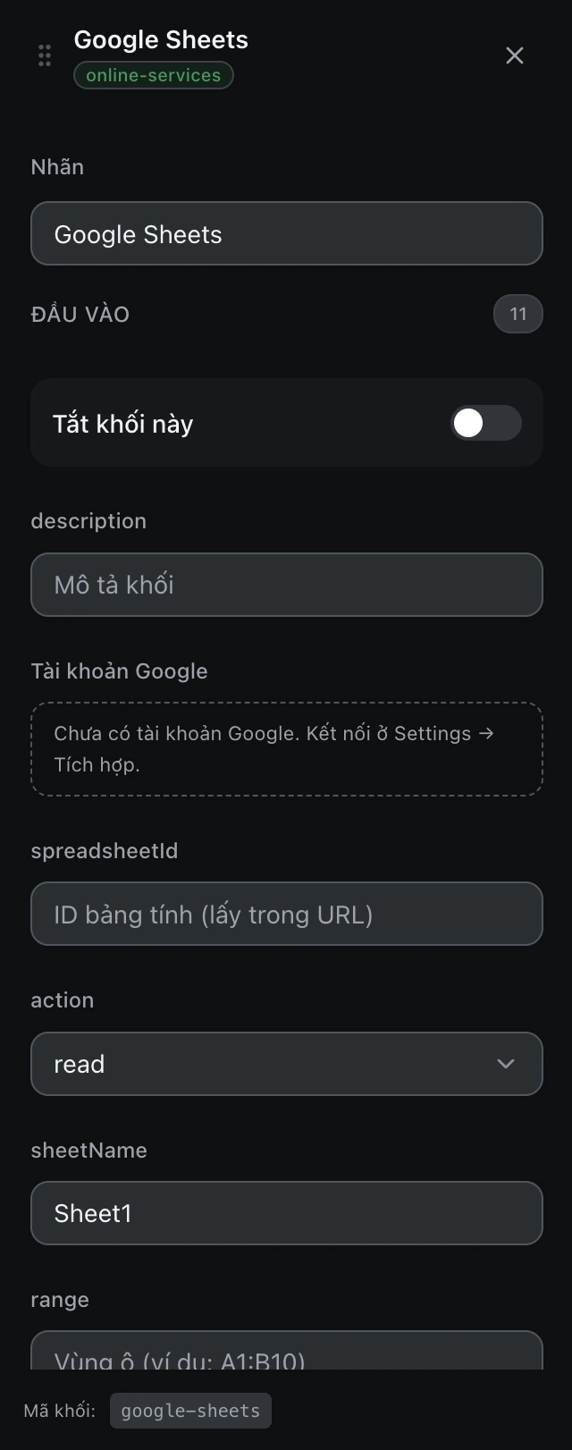 Bảng cấu hình của khối Google Sheets trong trình soạn workflow.