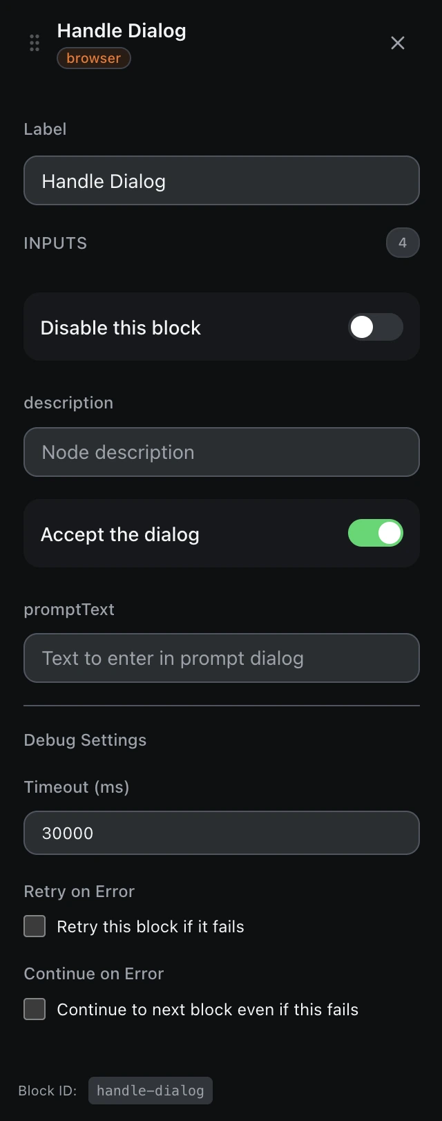 The Handle Dialog block’s settings panel in the workflow editor.