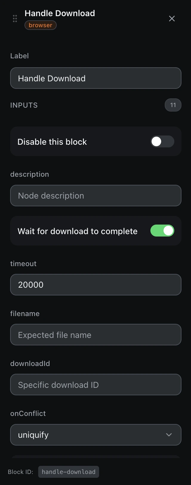 The Handle Download block’s settings panel in the workflow editor.
