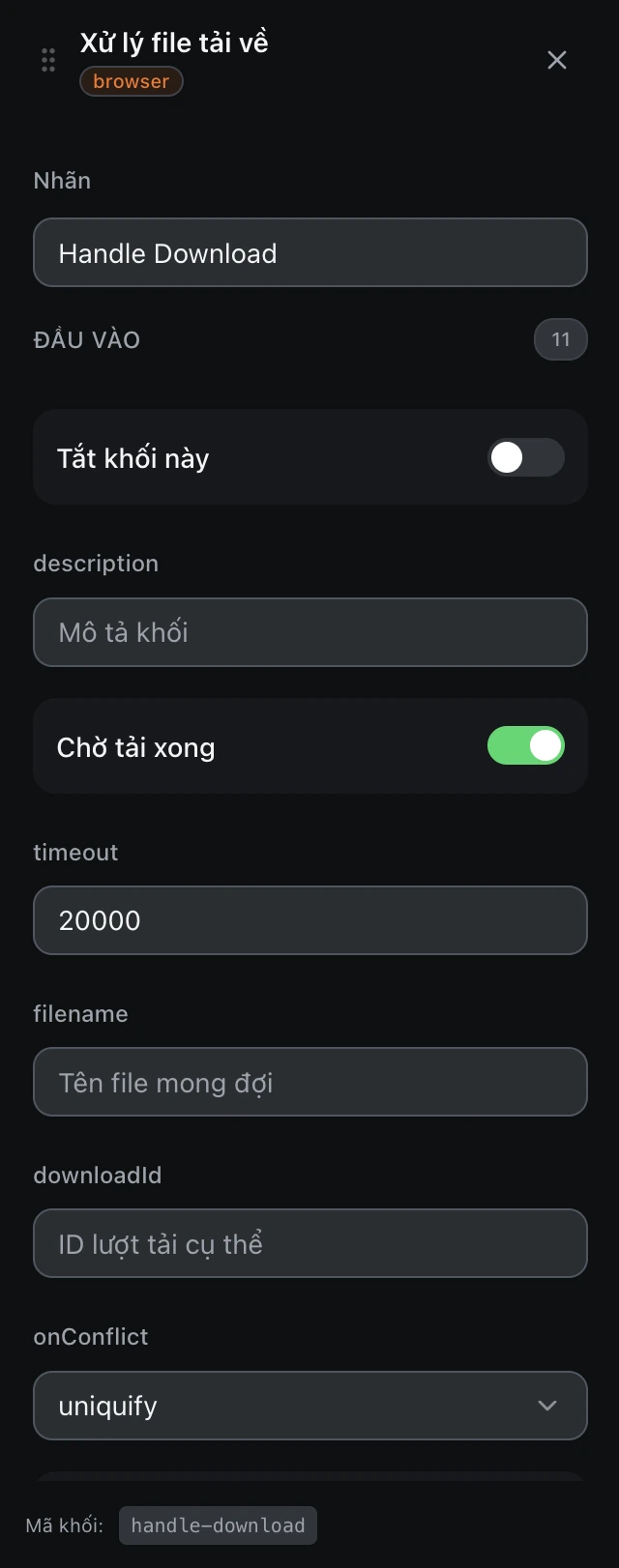 Bảng cấu hình của khối Xử lý file tải về trong trình soạn workflow.
