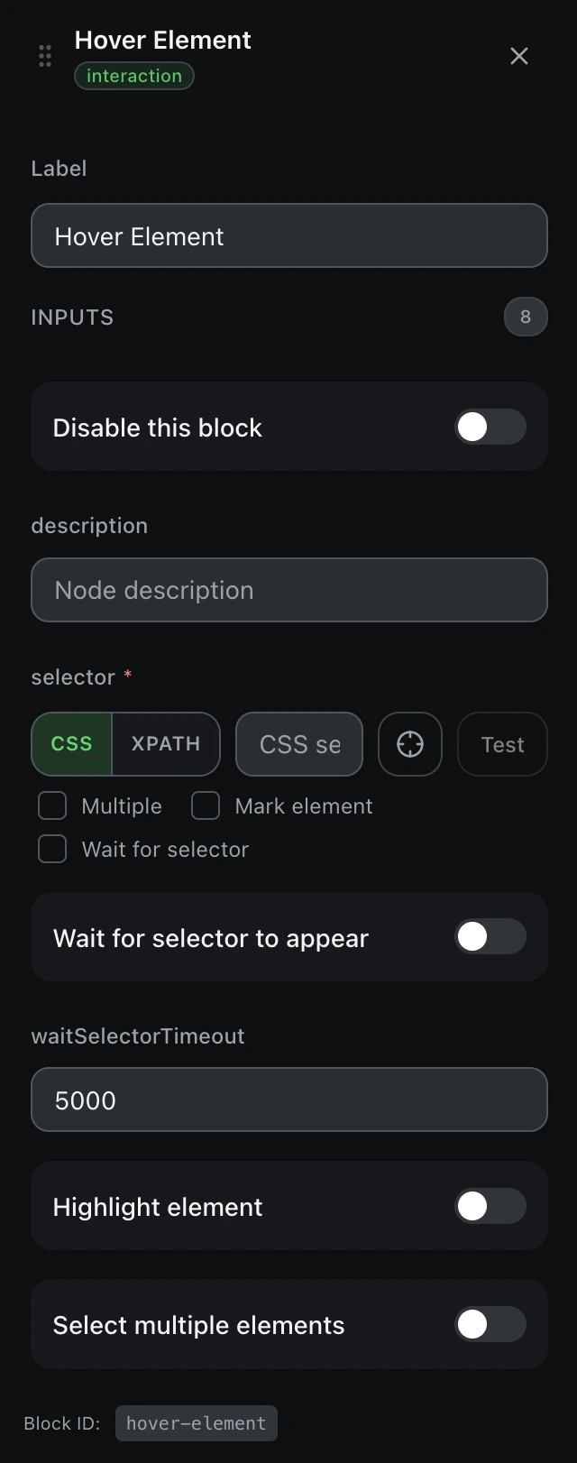 The Hover Element block’s settings panel in the workflow editor.