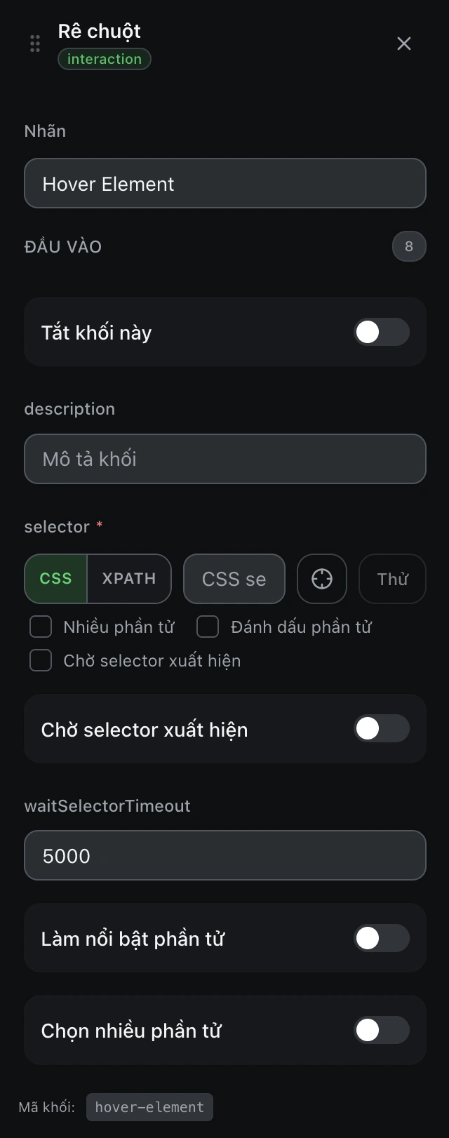 Bảng cấu hình của khối Rê chuột trong trình soạn workflow.